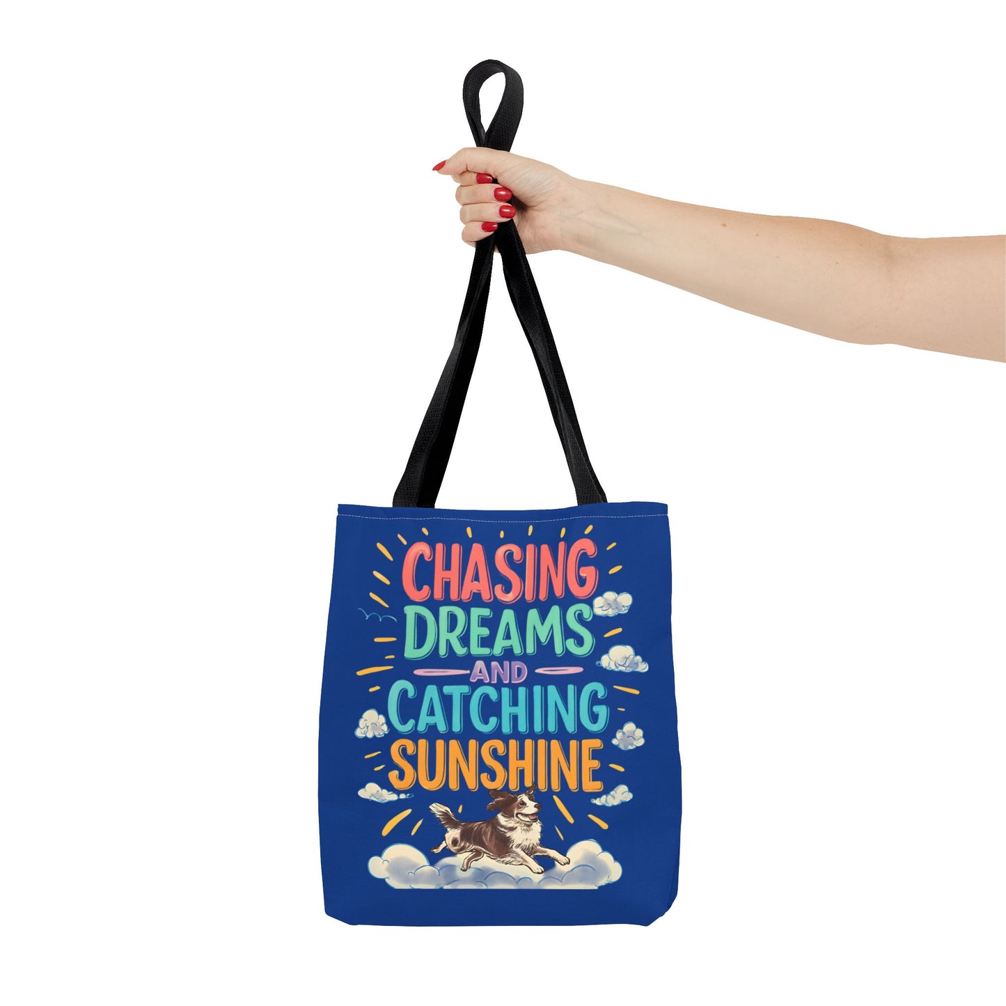 Chasing Dreams Tote Bag, Inspirational Tote, Dog Lover Gift, Eco-Friendly Shopper, Motivational Bag, Bright Blue Design