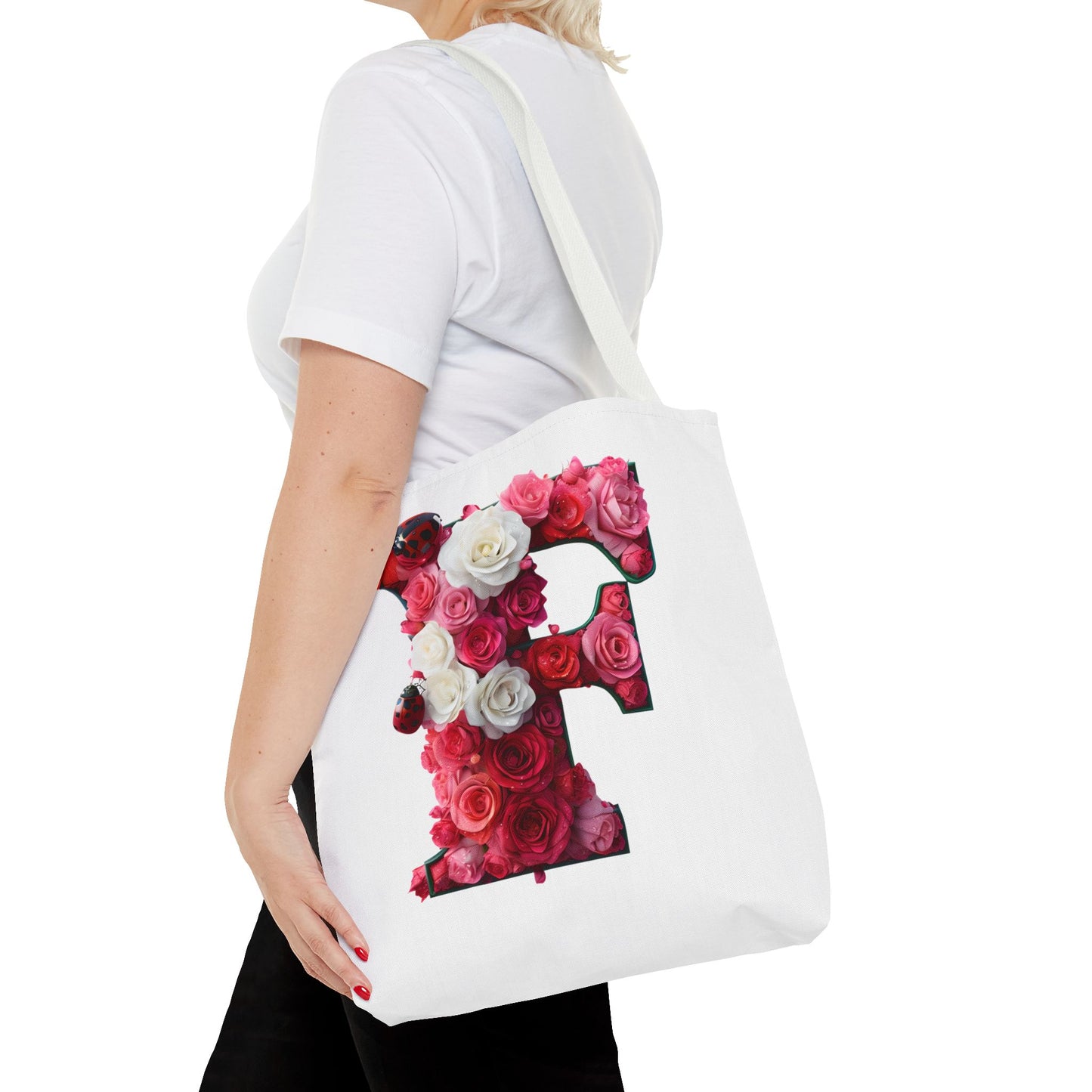Floral Alphabet 'F' Rose and Ladybird Tote Bag