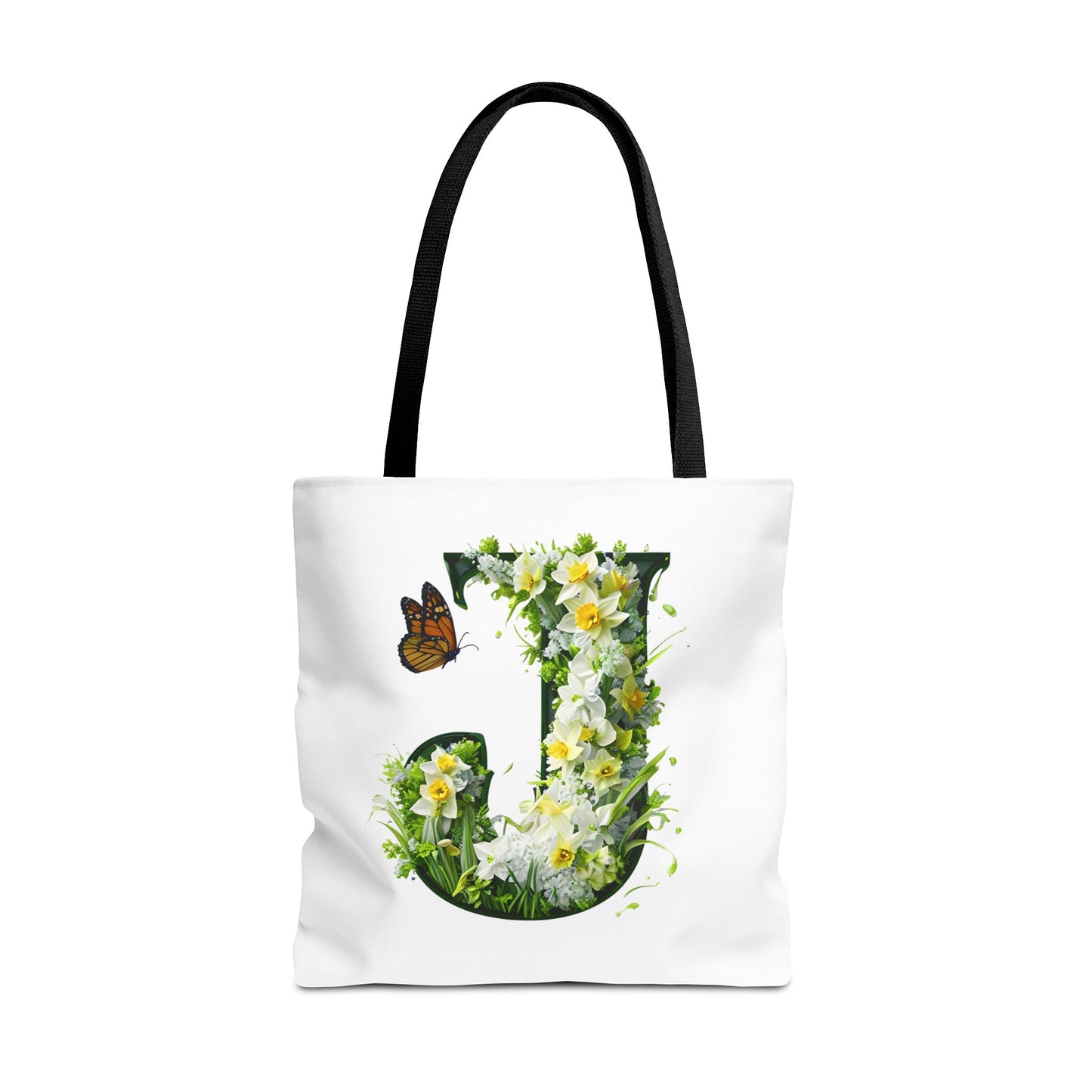 Floral Alphabet 'J' Tote Bag with Daffodils and Butterfly -Shopping & Gift Bag