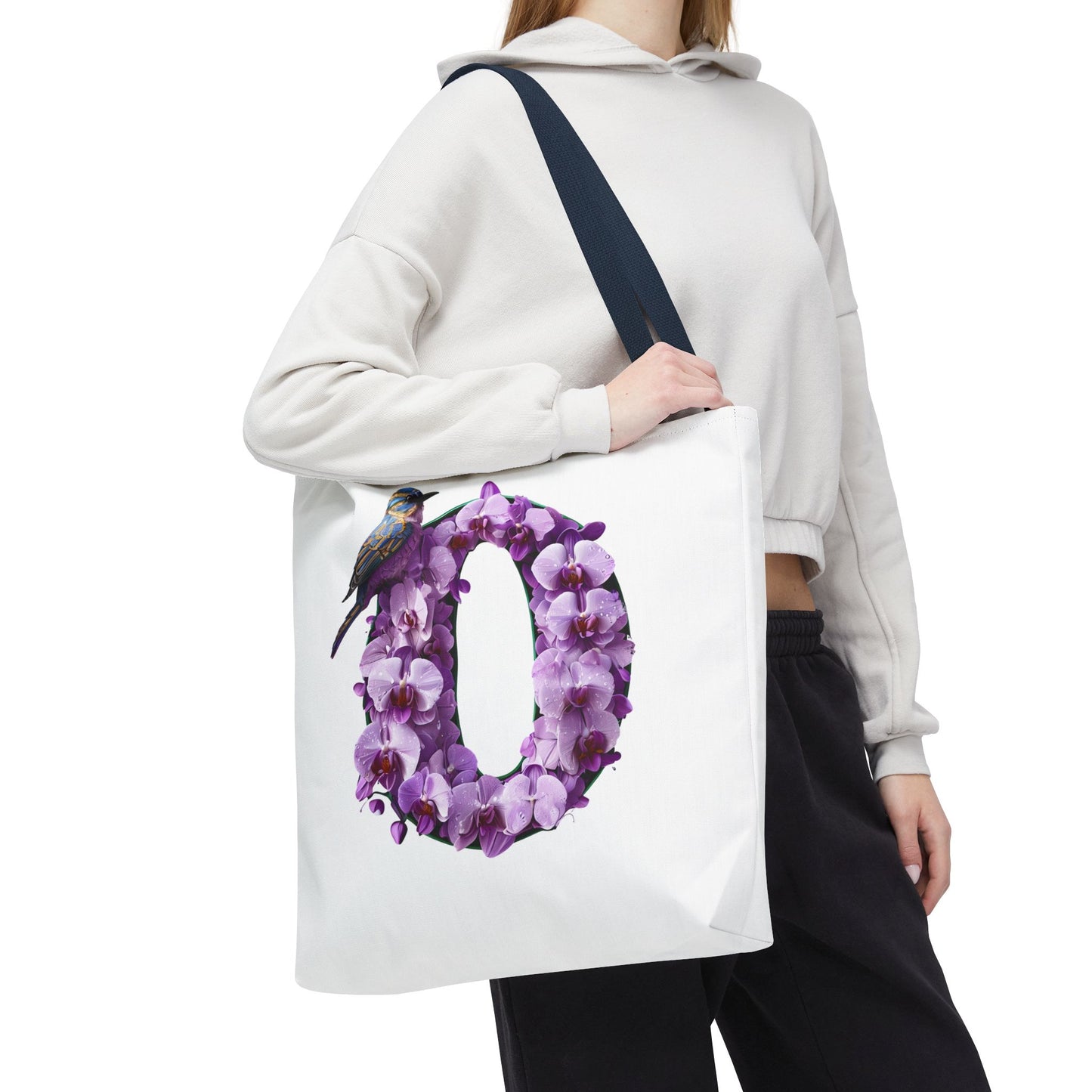 Floral Alphabet 'O' Tote Bag with Bird and Purple Flowers