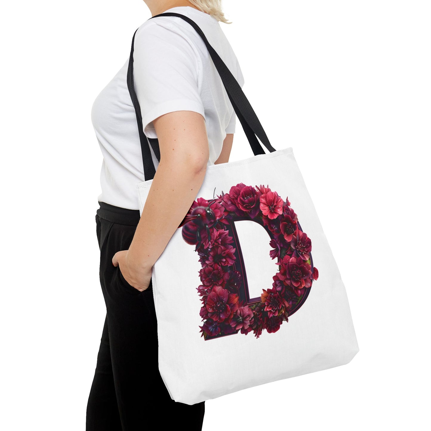 Floral Alphabet 'D' Tote Bag – Stylish Floral and Bee Design