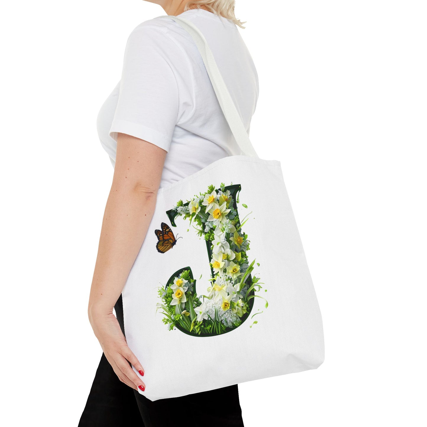 Floral Alphabet 'J' Tote Bag with Daffodils and Butterfly -Shopping & Gift Bag