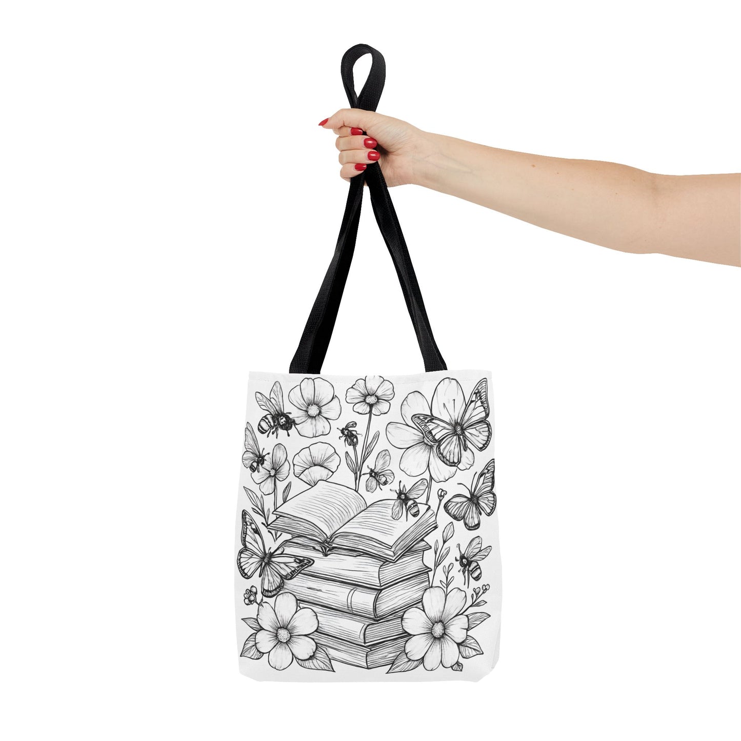 Coloring Page Book Lover Tote Bag, Floral Butterfly Tote, Gift for Readers, Library Bag, Eco-Friendly Shopping Tote