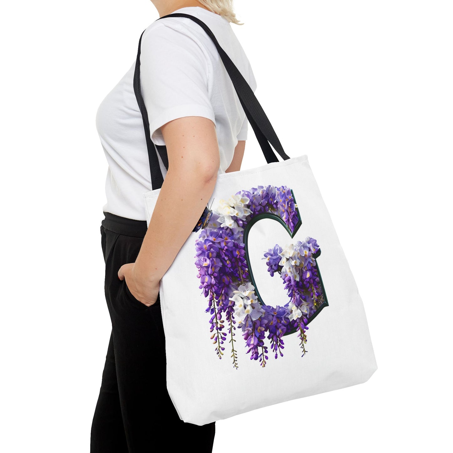 Floral Alphabet 'G' Tote Bag - Purple Flowers and Butterfly Design, Style for Every Occasion
