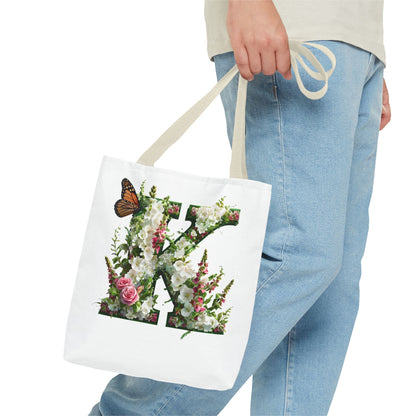 Floral Alphabet 'K'  Tote Bag with Cottage Garden Flowers and Butterfly Design