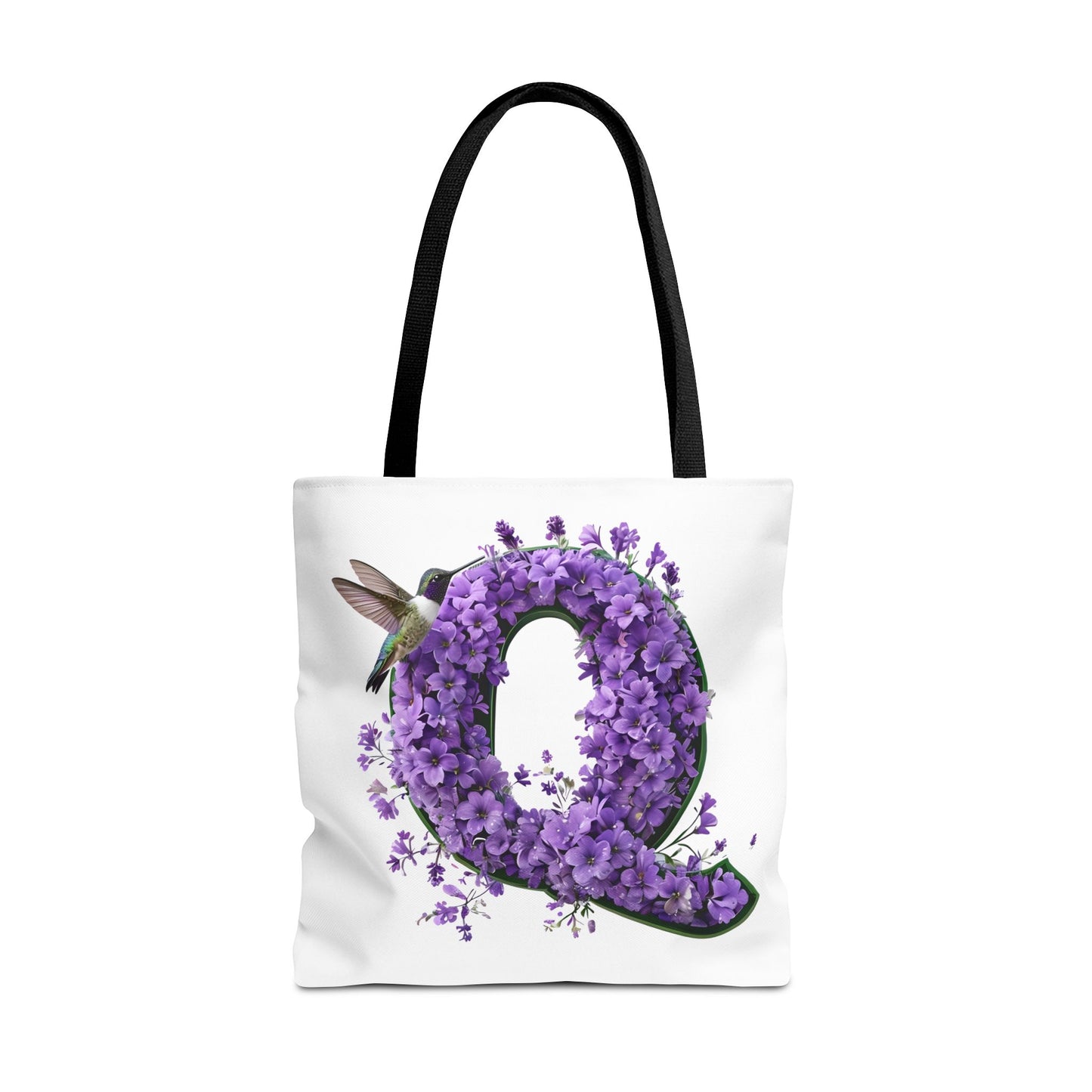Floral Alphabet 'Q' Tote Bag - Hummingbird and Purple Flower Nature-Inspired Design