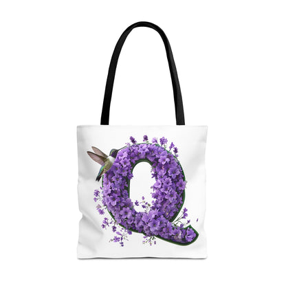 Floral Alphabet 'Q' Tote Bag - Hummingbird and Purple Flower Nature-Inspired Design