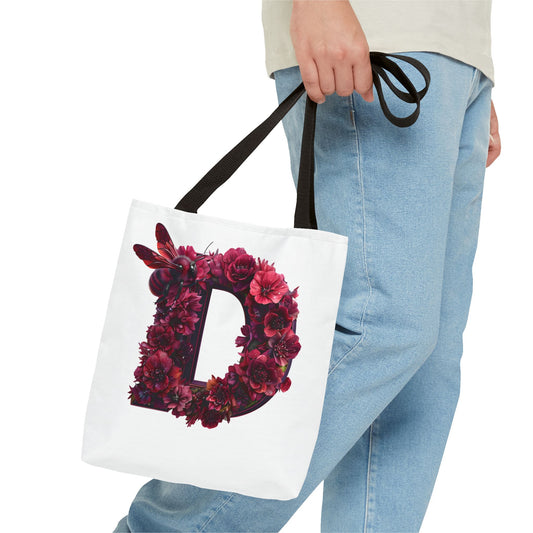 Floral Alphabet 'D' Tote Bag – Stylish Floral and Bee Design