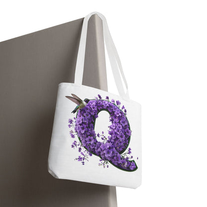 Floral Alphabet 'Q' Tote Bag - Hummingbird and Purple Flower Nature-Inspired Design