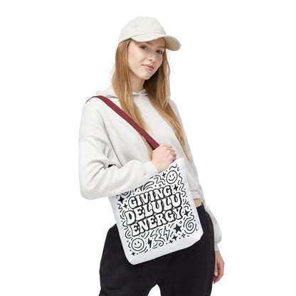 Black and White Doodle Art Tote Bag - Giving Delulu Energy - Gen Z Slang - Coloring Page Bag - Perfect for Everyday Use, Shopping, Gifts, Beach Trips