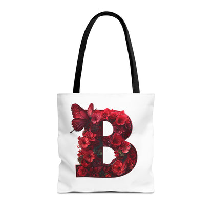 Red Floral Alphabet B' Tote Bag with Butterfly - Shopping, Beach or Travel Accessory