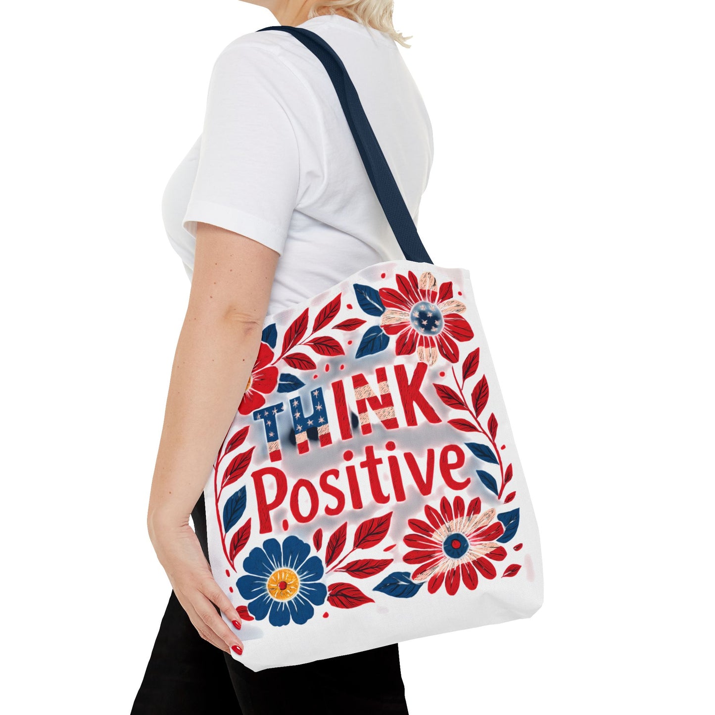 Red White and Blue Think Positive Tote Bag - Patriotic Embroidery Style Carryall, Great for Gifts, Shopping, Beach Days, Day Trips