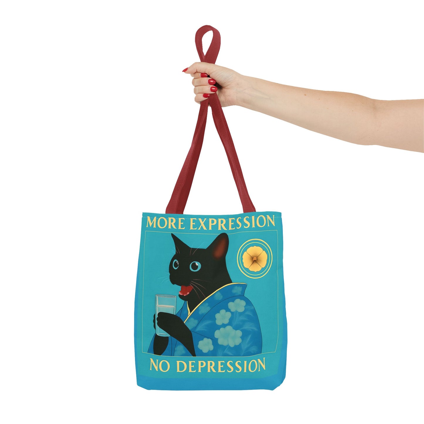 Motivational Chinoiserie Black Cat Tote Bag - More Expression No Depression