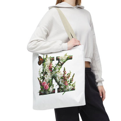 Floral Alphabet 'K'  Tote Bag with Cottage Garden Flowers and Butterfly Design