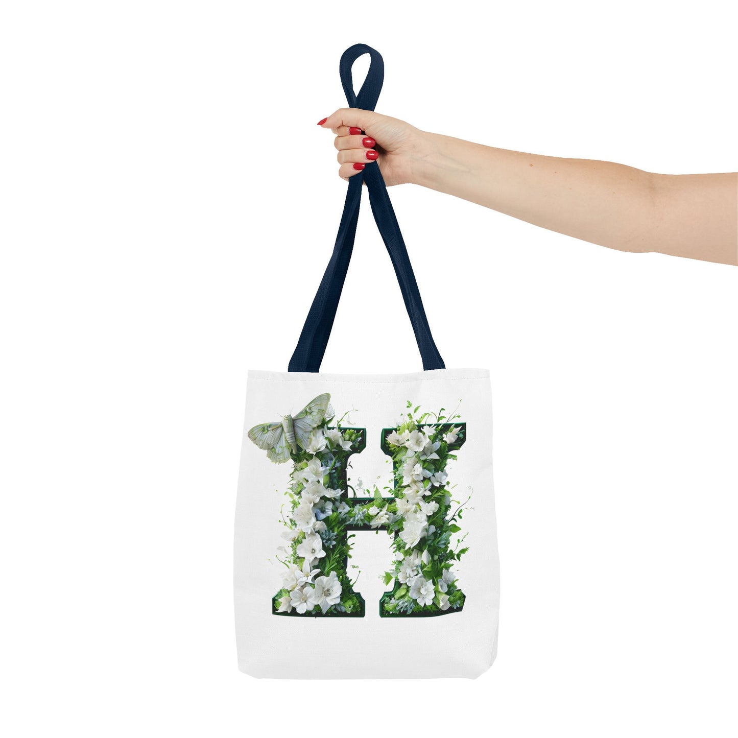 Floral Alphabet 'H'  Tote Bag - Green and White Gift for Nature Lovers
