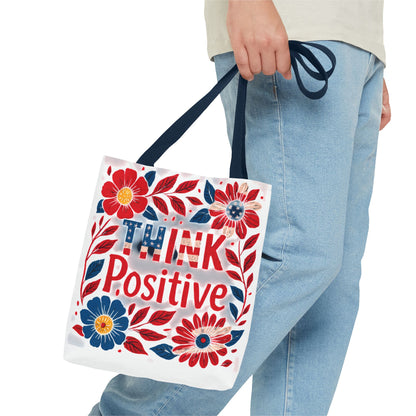 Red White and Blue Think Positive Tote Bag - Patriotic Embroidery Style Carryall, Great for Gifts, Shopping, Beach Days, Day Trips