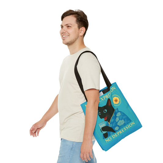 Motivational Chinoiserie Black Cat Tote Bag - More Expression No Depression
