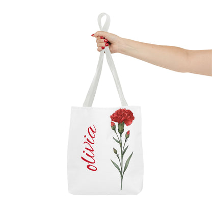 Personalized January Carnation Birth Month Flower Tote Bag, Custom Name Tote, Eco-Friendly Grocery Shopping Bag, Gift for Her
