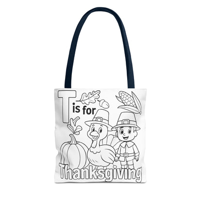 T is for Thanksgiving Coloring Page Tote Bag - Colorful Pilgrims and Turkey Design, AOP, Ideal for Holiday Gatherings, Gifts, and Crafts