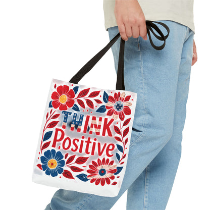 Red White and Blue Think Positive Tote Bag - Patriotic Embroidery Style Carryall, Great for Gifts, Shopping, Beach Days, Day Trips