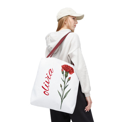 Personalized January Carnation Birth Month Flower Tote Bag, Custom Name Tote, Eco-Friendly Grocery Shopping Bag, Gift for Her