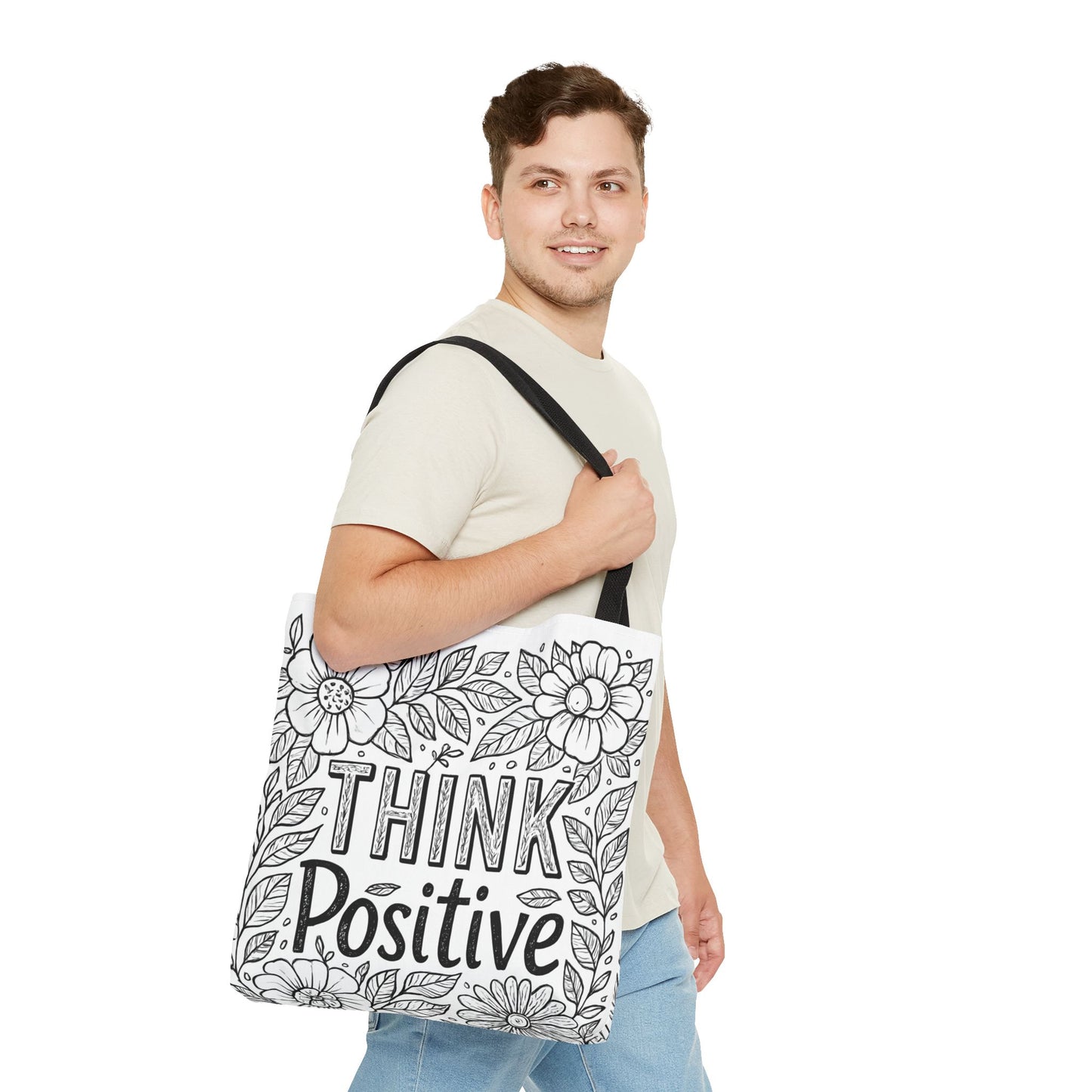 Think Positive Floral Tote Bag, Motivational Bag for Students, Gift for Friends, Inspirational Accessory