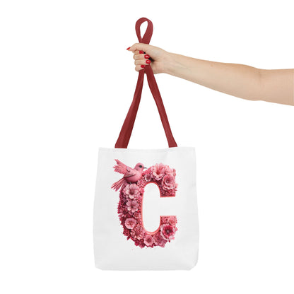 Floral Alphabet C' Tote Bag - Pink Bird Floral Design for Shopping, Work and Beach