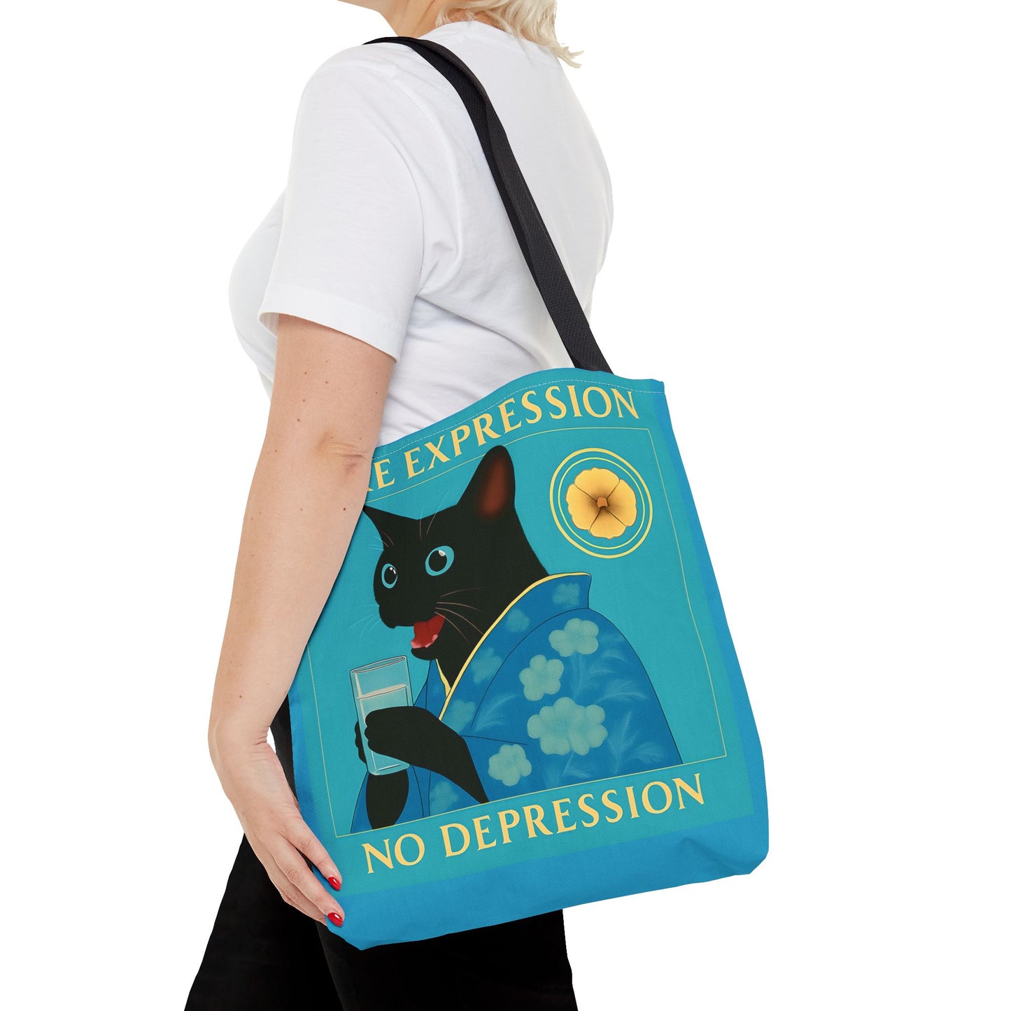 Motivational Chinoiserie Black Cat Tote Bag - More Expression No Depression