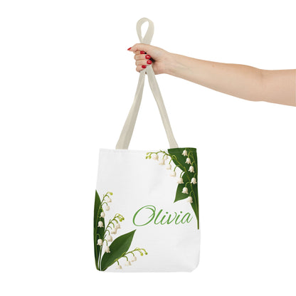 Personalized Birth Month Flower Tote Bag, Custom Name Tote, Eco-Friendly Grocery Shopping Bag, May Lily of the Valley Design