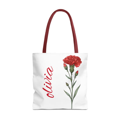 Personalized January Carnation Birth Month Flower Tote Bag, Custom Name Tote, Eco-Friendly Grocery Shopping Bag, Gift for Her
