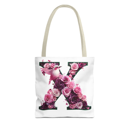 Floral Alphabet 'X' Tote Bag with Pink and Purple Flower and Bird Design