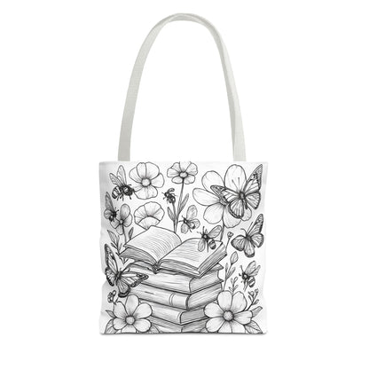 Coloring Page  Book Lover Tote Bag, Floral Butterfly Tote, Gift for Readers, Library Bag, Eco-Friendly Shopping Tote