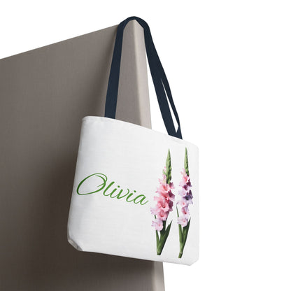 Personalized Gladiolus Floral Tote Bag - Custom Name Bag, August Birth Month Flower Design, Reusable Eco-Friendly Shopper