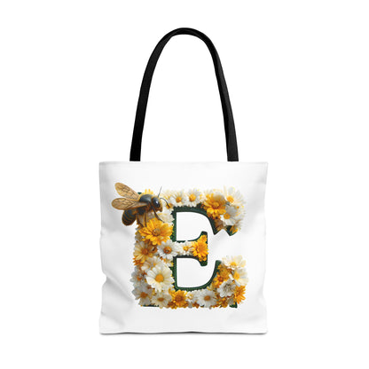 Floral Alphabet Tote Bag with Yellow Daisies, the Initial 'E' and Bee Design
