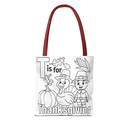 T is for Thanksgiving Coloring Page Tote Bag - Colorful Pilgrims and Turkey Design, AOP, Ideal for Holiday Gatherings, Gifts, and Crafts