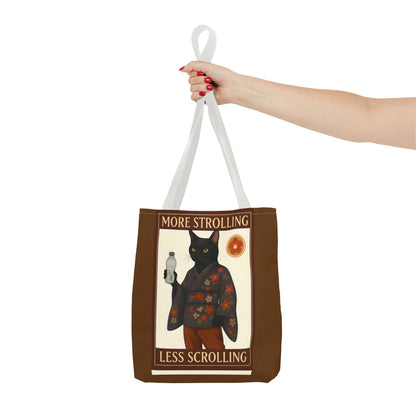 More Strolling Less Scrolling Cat Tote Bag – Cute Black Cat Design for Cat Lovers