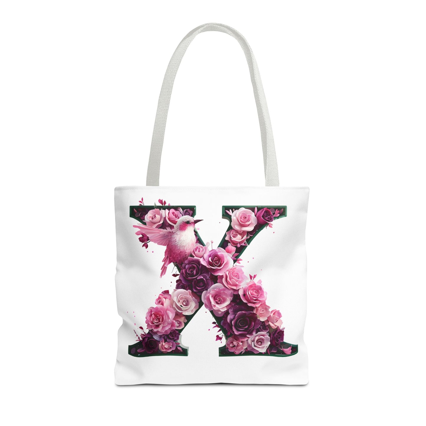 Floral Alphabet 'X' Tote Bag with Pink and Purple Flower and Bird Design