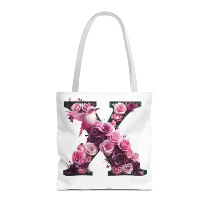 Floral Alphabet 'X' Tote Bag with Pink and Purple Flower and Bird Design