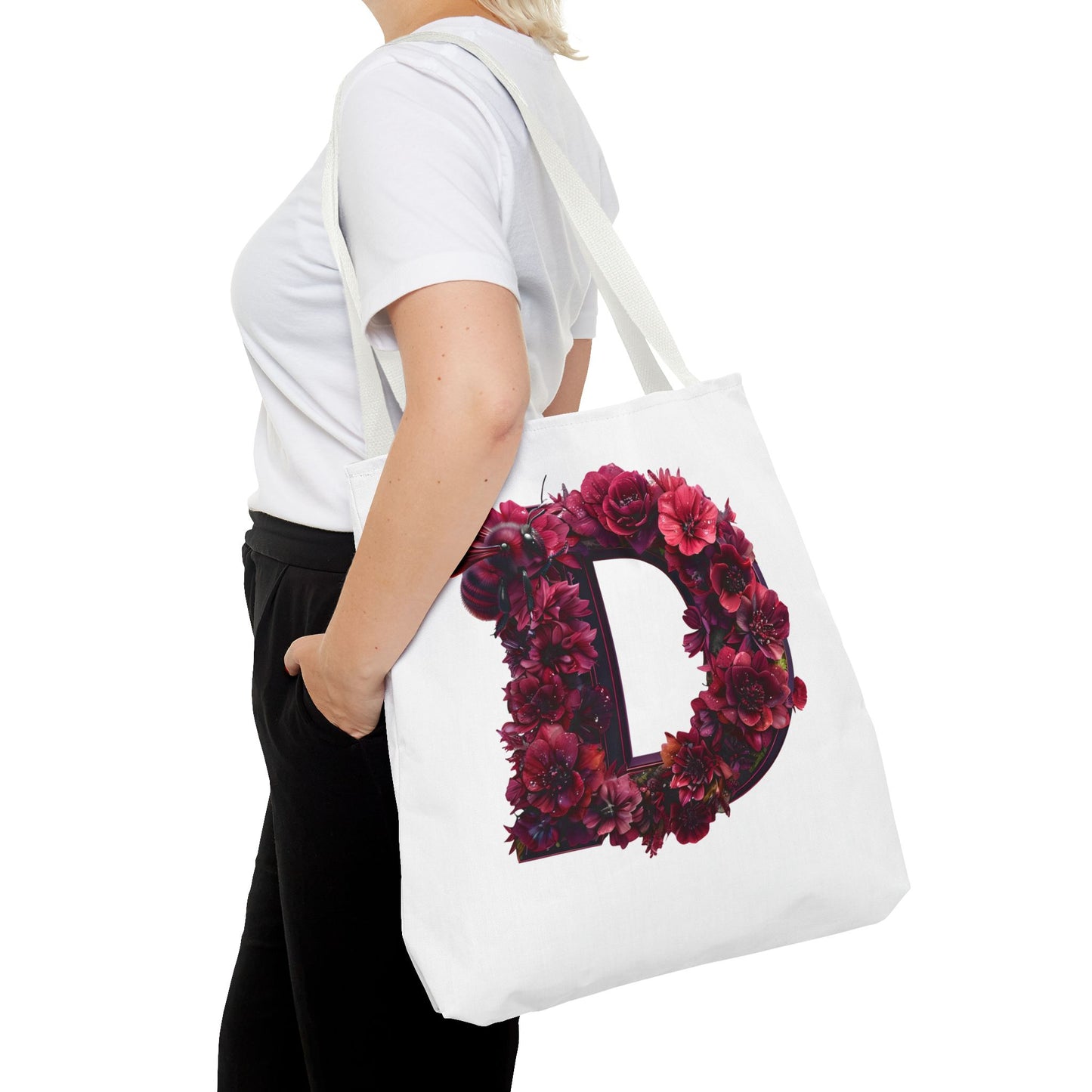 Floral Alphabet 'D' Tote Bag – Stylish Floral and Bee Design