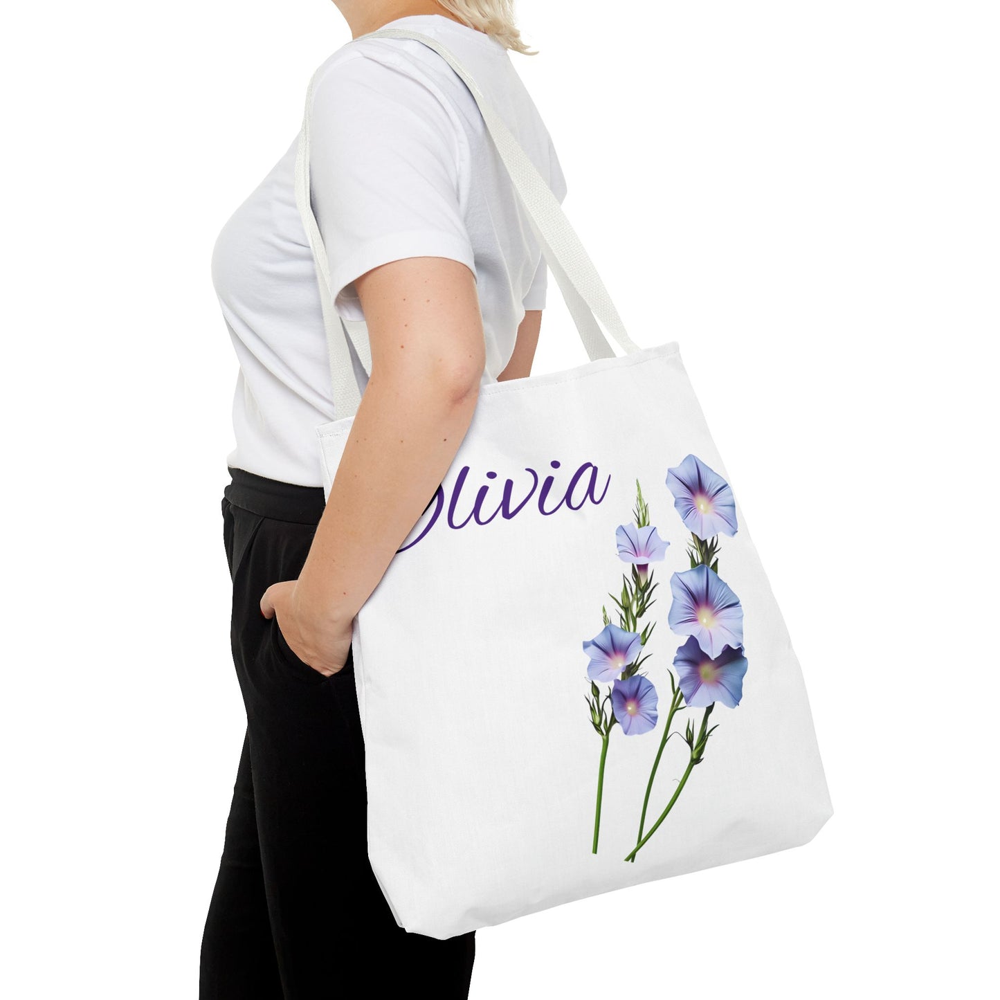 Personalized Morning Glory September Birth Month Flower Tote Bag, Custom Name Bag, Floral Grocery Bag