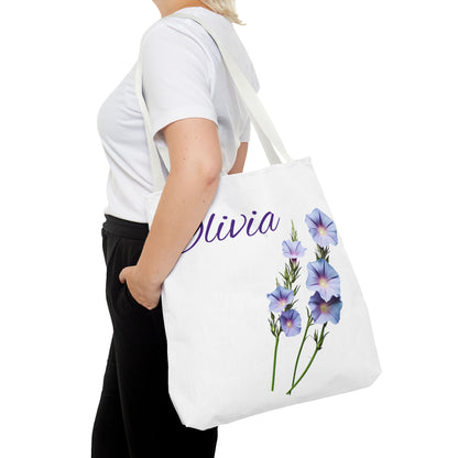 Personalized Morning Glory September Birth Month Flower Tote Bag, Custom Name Bag, Floral Grocery Bag