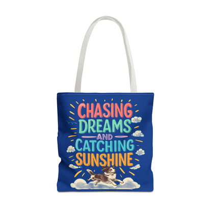 Chasing Dreams Tote Bag, Inspirational Tote, Dog Lover Gift, Eco-Friendly Shopper, Motivational Bag, Bright Blue Design