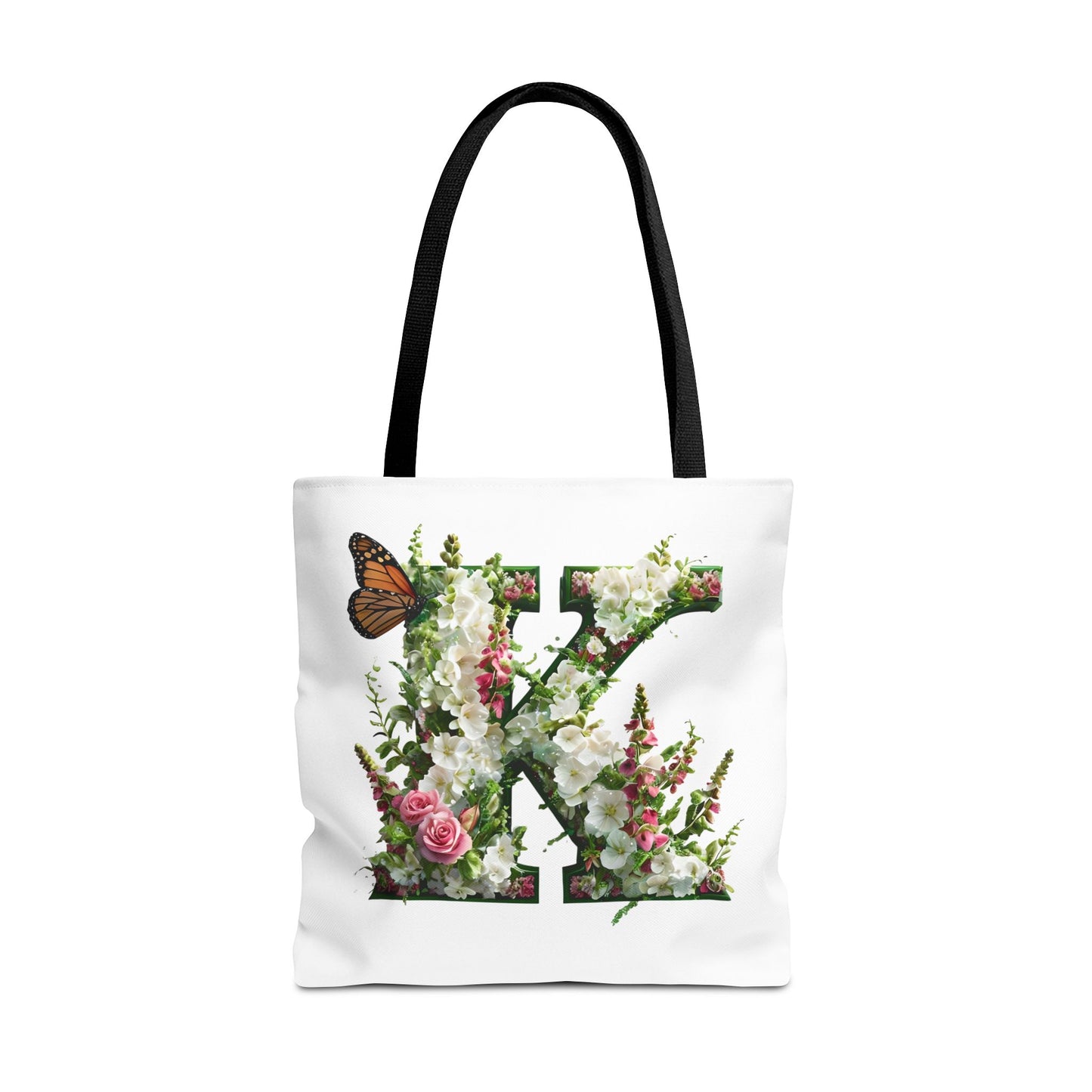 Floral Alphabet 'K'  Tote Bag with Cottage Garden Flowers and Butterfly Design