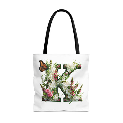Floral Alphabet 'K'  Tote Bag with Cottage Garden Flowers and Butterfly Design