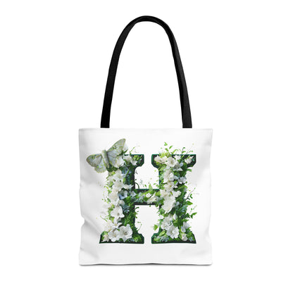 Floral Alphabet 'H'  Tote Bag - Green and White Gift for Nature Lovers