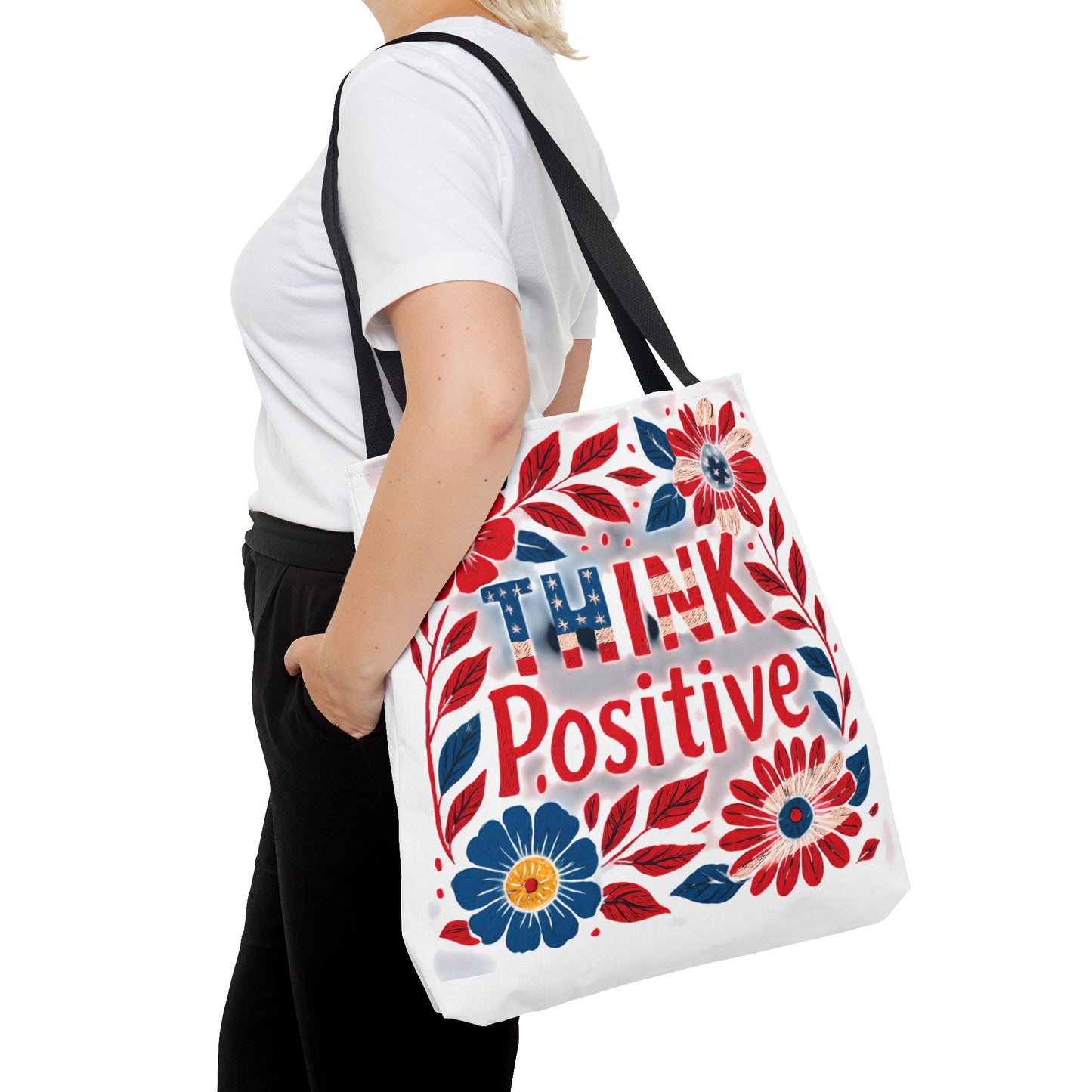 Red White and Blue Think Positive Tote Bag - Patriotic Embroidery Style Carryall, Great for Gifts, Shopping, Beach Days, Day Trips