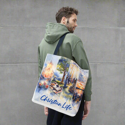 Man holding a tote bag with a 'Christian Life' design in watercolor style