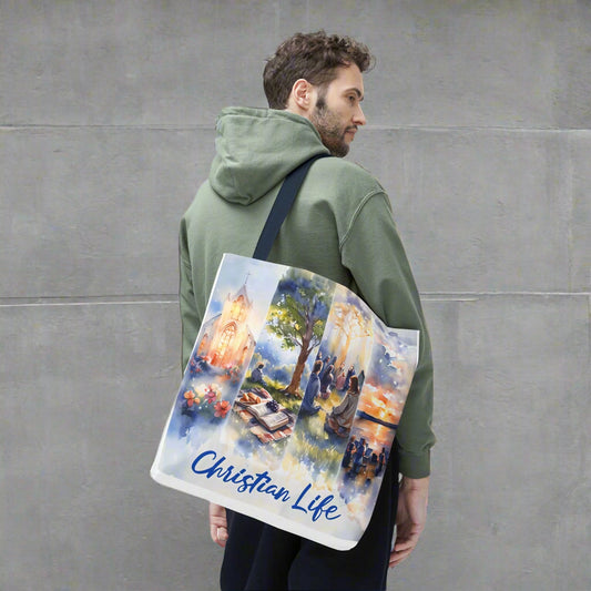 Man holding a tote bag with a 'Christian Life' design in watercolor style