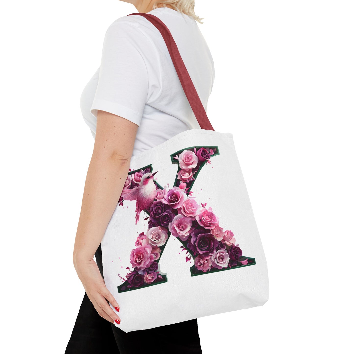 Floral Alphabet 'X' Tote Bag with Pink and Purple Flower and Bird Design