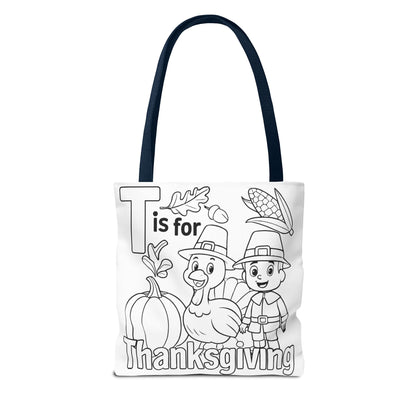 T is for Thanksgiving Coloring Page Tote Bag - Colorful Pilgrims and Turkey Design, AOP, Ideal for Holiday Gatherings, Gifts, and Crafts